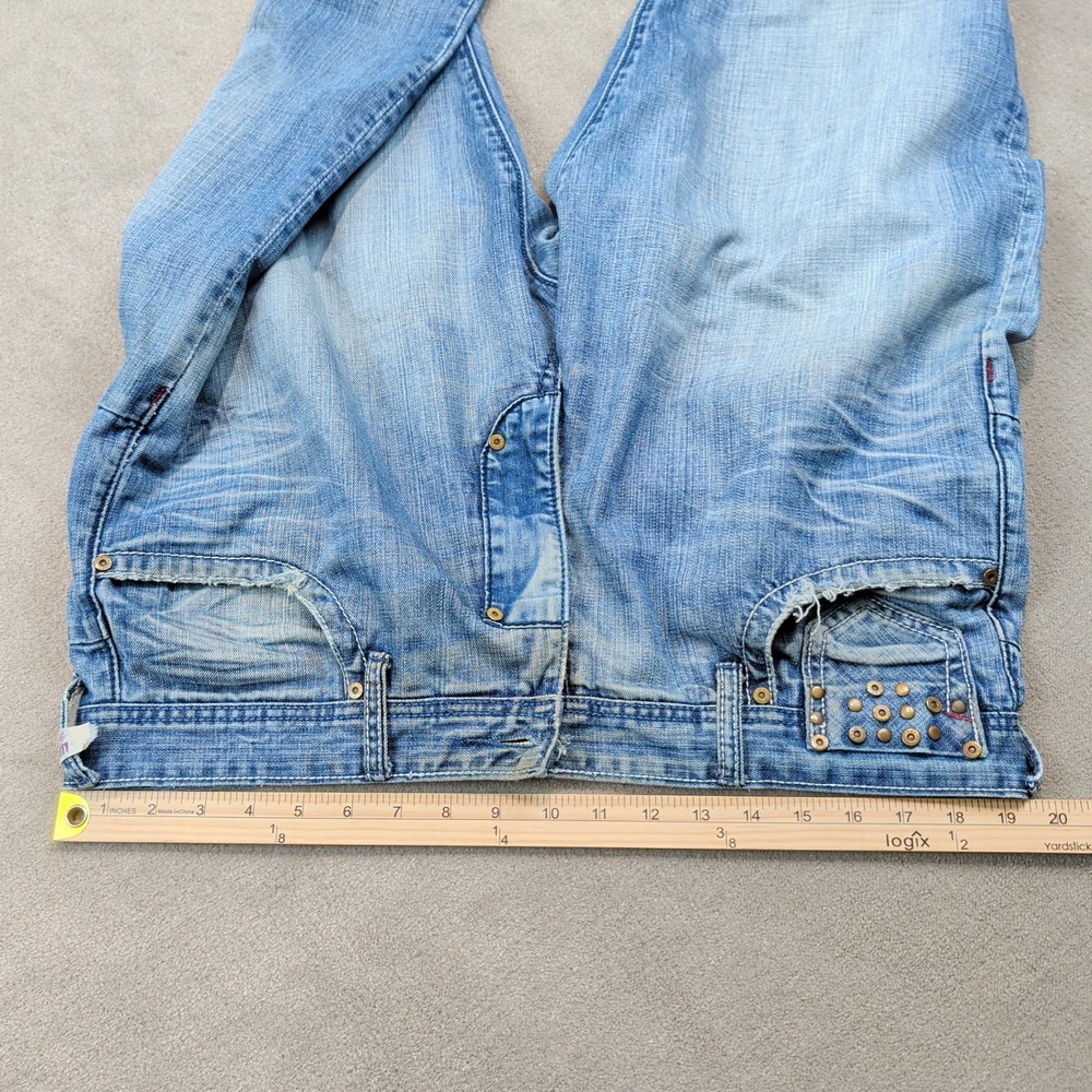 Akoo Y2K Streetwear Distressed Straight Leg Jeans 38 Blue Cotton Studded Wing - Picture 14 of 16